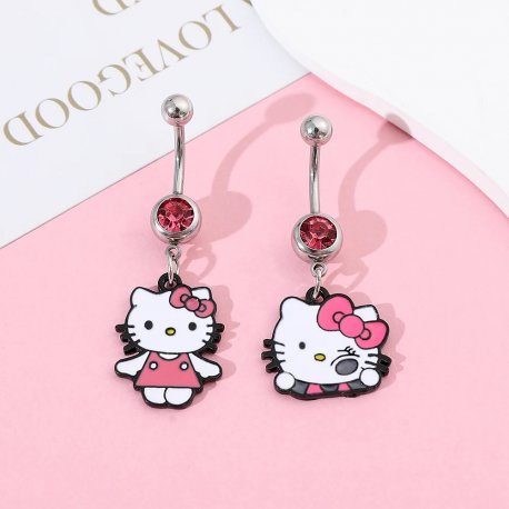 Hello Kitty obroček "piercing" za popek z roza kamnom